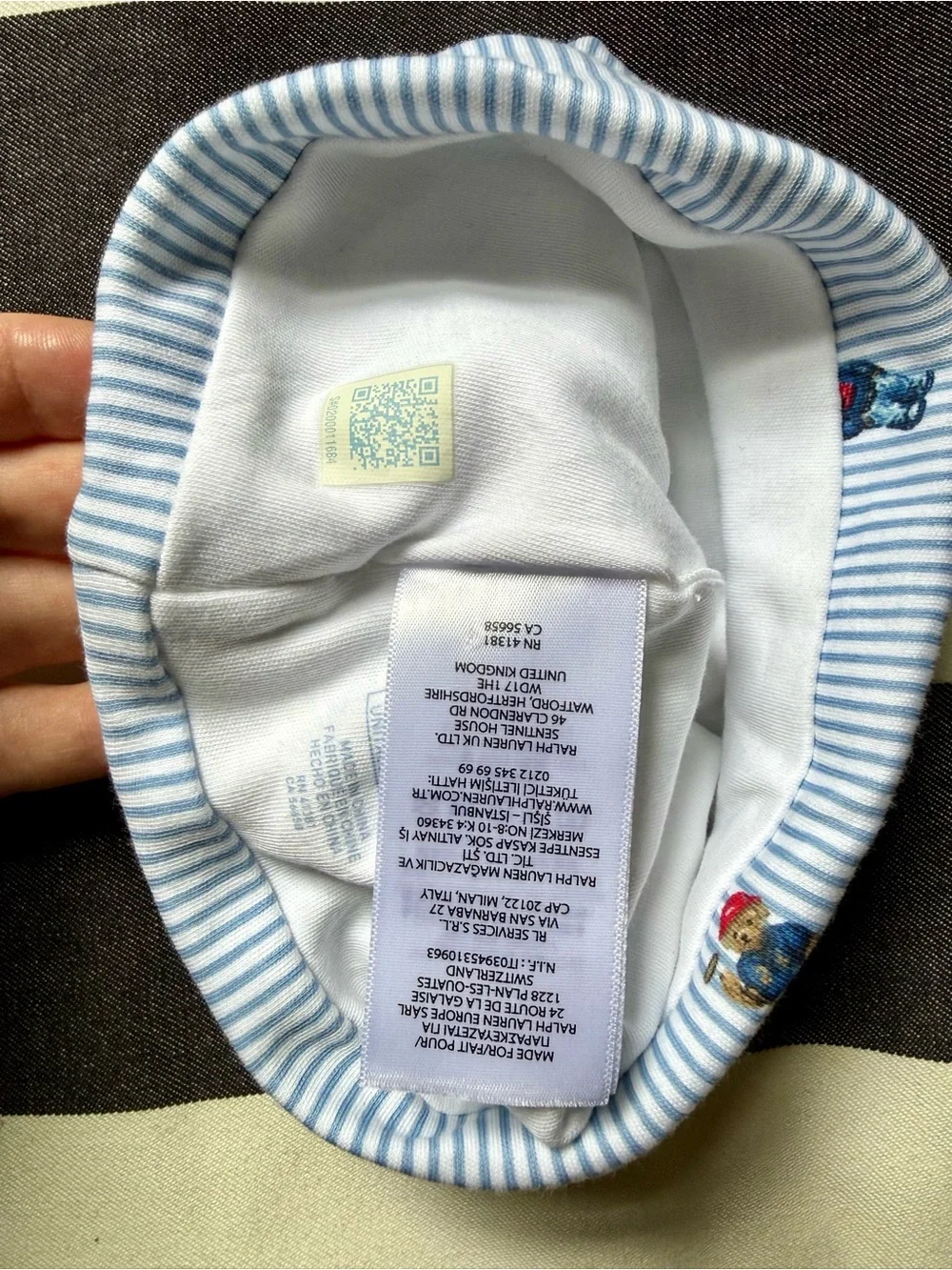 Ralph Lauren Blue Striped Baby Beanie with Polo Bear